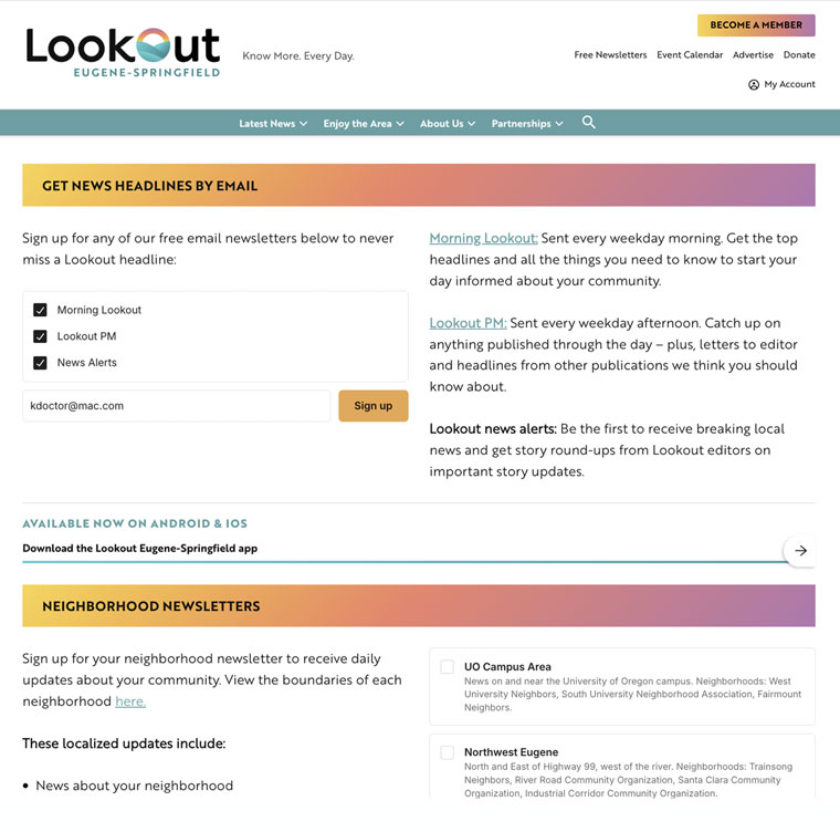 Free daily, topical, and hyper-local newsletters constitute Lookout Local’s top-of-funnel.