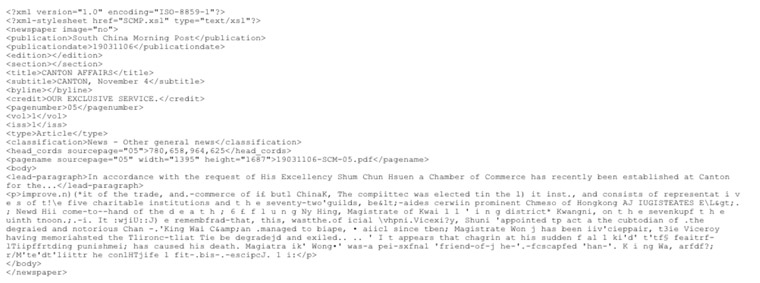 A sample of XML output from the OCR process.