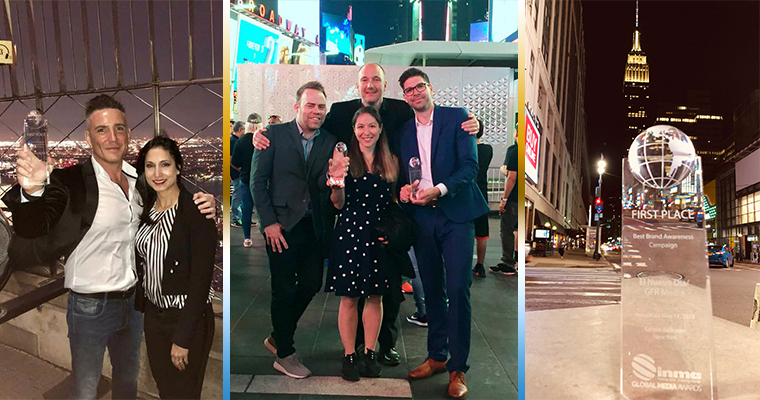 From left, Stuff New Zealand’s Steve Hutton at the top of the Empire State Building, the MittMedia team celebrating in Times Square (Magnus Engstrom, Joaquim Linder, Henrik Mazzanti, Michelle Ludovici), and El Nuevo Día’s award mysteriously hanging out by itself in Times Square after Friday night’s Global Media Awards Dinner at Edison Ballroom.