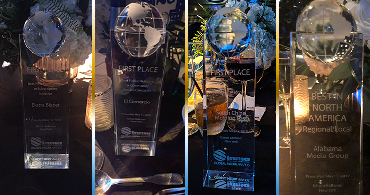 Trophies on display at the Edison Ballroom (left to right): Ekstra Bladet, El Comercio, SCMP, Alabama Media Group.