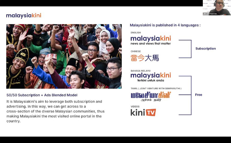 Eshwaren Manoharen, head of product management and development at Malaysiakini, explained the company's business model and how it keeps journalists looped into it.