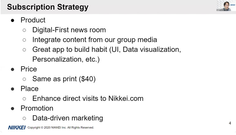 Taihei Shigemori, deputy general manager in Nikkei’s digital transformation office, explains the 4Ps of Nikkei's subscription strategy.