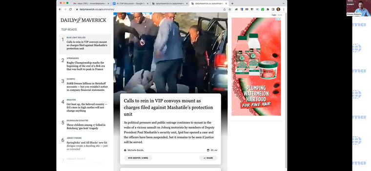 Rowan Polovin, head of product and technology at the Daily Maverick in South Africa, illustrated how the newsroom uses AI to create content summaries.