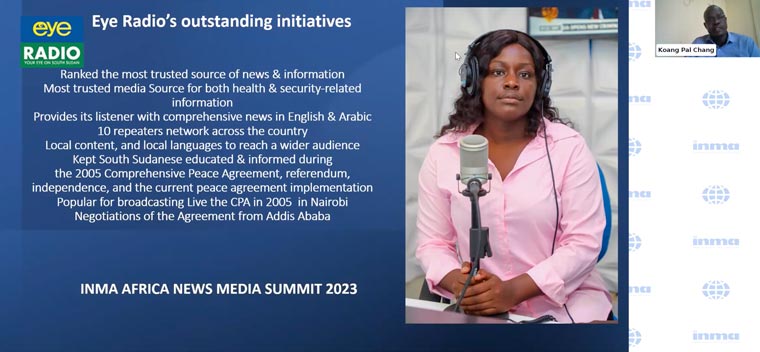 Eye Radio Managing Editor Koang Pal Chang shared some of the company's initiatives with attendees of the INMA Africa Media Summit.