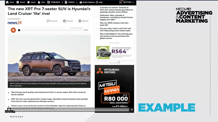 Mitsubishi's advertisement (bottom right) is paired with an article about Hyundai SUVs.