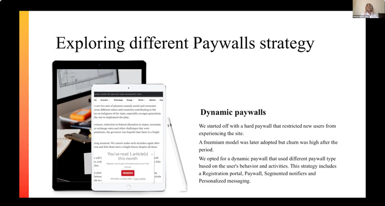 Onyinyechi Eze, head of digital services at Business Day, explained different paywall trials.