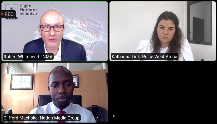 Robert Whitehead (top left) talks Big Tech with Katharina Link, managing editor West Africa at Pulse, and Clifford Machoaka, head of external affairs and marketing at Nation Media Group.