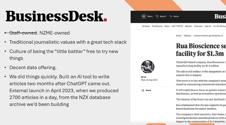 Staff at NZME have experimented on BusinessDesk, building an AI tool and focusing on its tech stack.