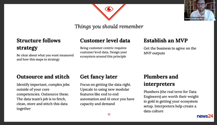 Gareth Lloyd, head of research and analytics at South Africa’s Media 24, offered six points for setting up a data ecosystem.