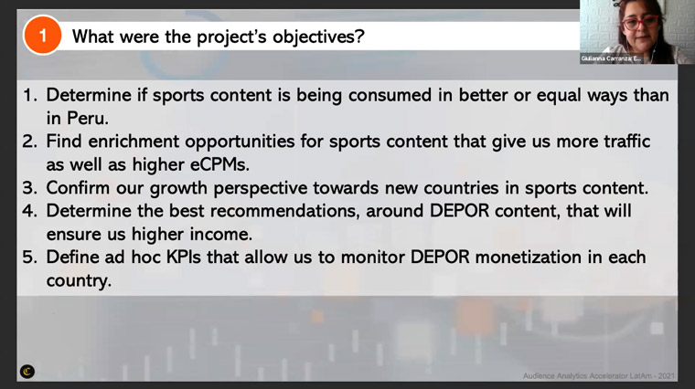 Guilianna Carranza, data and analytics manager at El Comercio in Peru, explained the objectives of its sports news media brand, Depor.