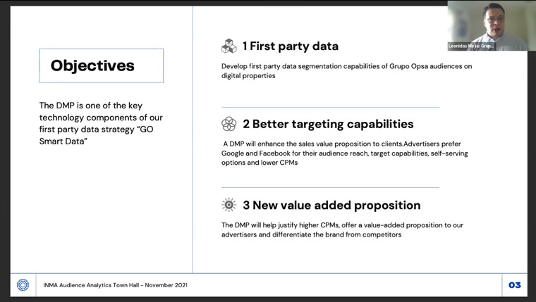 Leonidas Mejia, IT manager at Grupo OPSA, shared the company's three main objectives of its Data Management Platform (DMP) project.