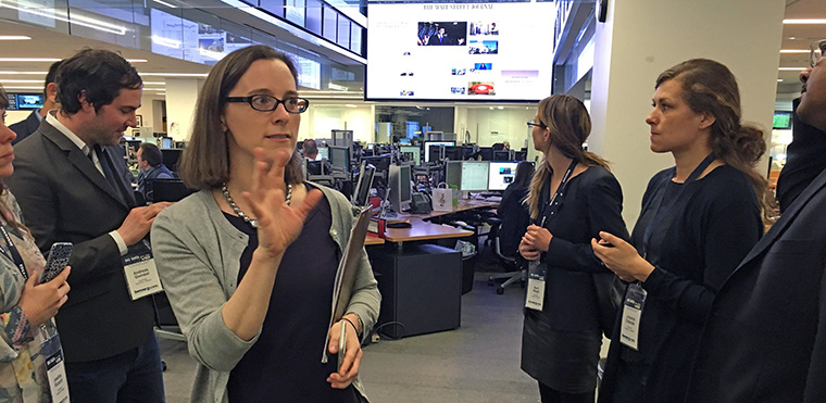 Wall Street Journal Day Editor Kate Ortega gives INMA tour participants a tour of the WSJ newsroom.