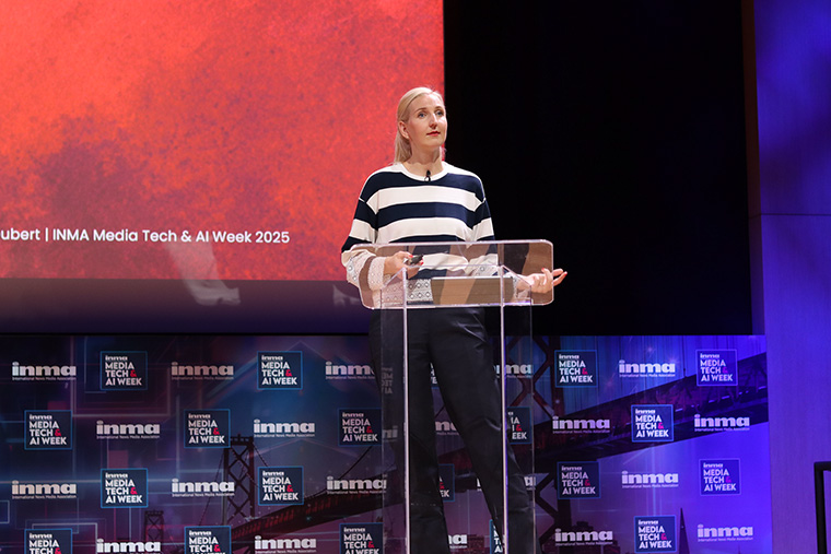 Katharina Neubert, senior vice president/strategy and investments at Holtzbrinck, speaking at INMA Media Tech & AI Week.