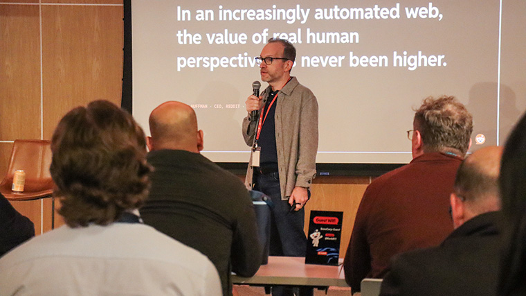 Chris Slowe, senior technical fellow at Reddit, speaks to INMA study tour participants Monday.