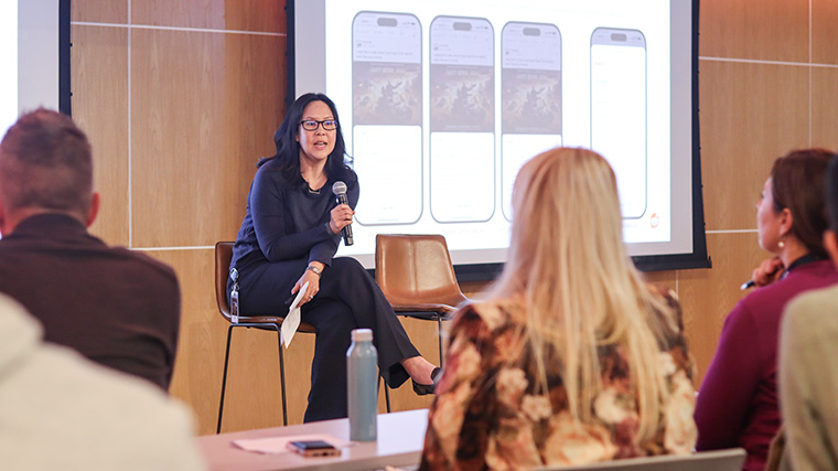 Leslie Liu, senior director and deputy general counsel at Reddit, talks with study tour attendees.