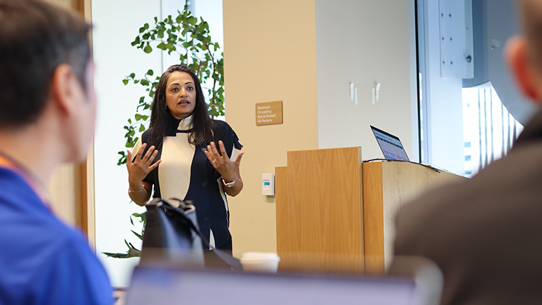 Chinmayi Bettadapur, vice president and general manager for media and entertainment at Salesforce, speaks to attendees during the study tour stop on Tuesday.