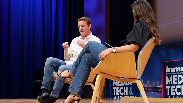 Substack co-founder Hamish McKenzie talks with INMA Young Audiences Initiative Lead Kerstin Hasse in San Francisco on Thursday.