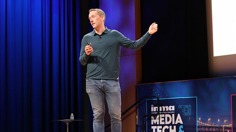 Chase Davis, technical lead at The Lenfest Institute, speaks to conference participants in San Francisco.