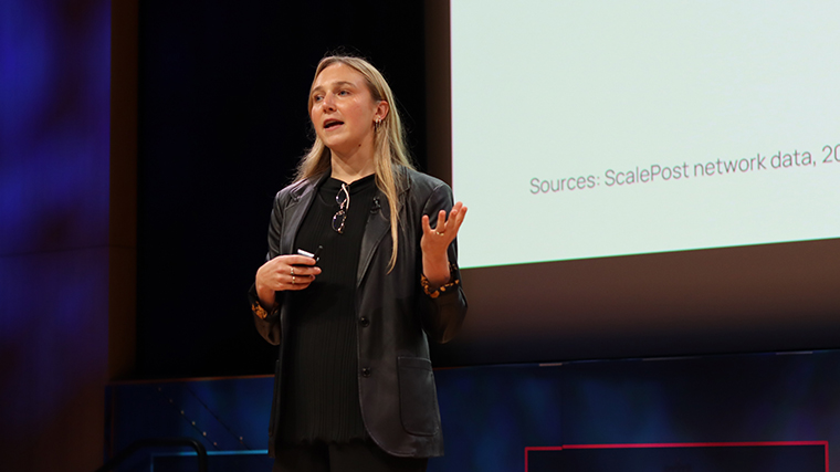 Maddie Shepherd, vice president of SEO and AI discovery at CBS Digital, speaking on stage in San Francisco.