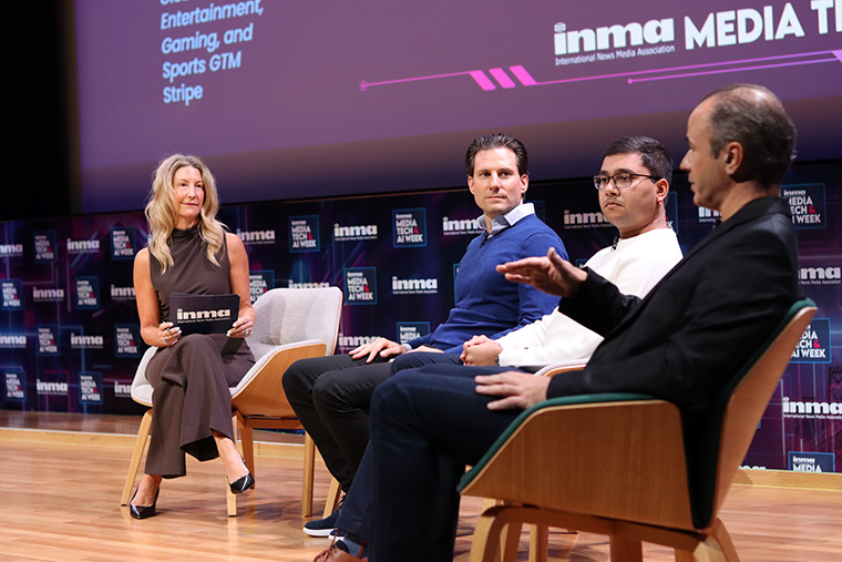 Moderator Nicki Purcell talks about agentic AI with (left to right) Raphael Daste of Stripe, Toshi Panigrahi of Tolbit, and Cosmin Ene of Supertab.