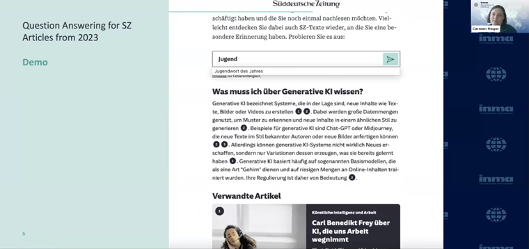 Süddeutsche Zeitung's advanced question-answering system was designed to deepen subscribers' engagement, Carmen Heger, head of data science, said.