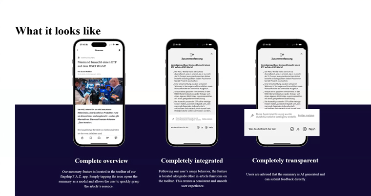 In response to user feedback about time constraints, FAZ created an AI article summarisation tool, Nico Wilfer, chief product officer, said.