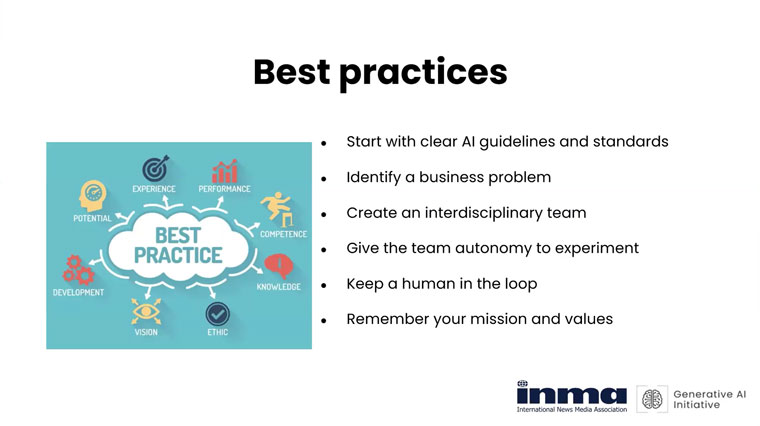 INMA Generative AI Initiative Lead Sonali Lead shared best practices for news companies and their use of GenAI.