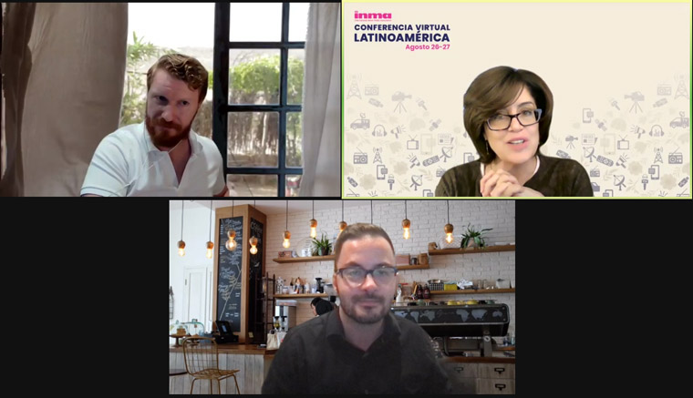 Patricia Torres-Burd, managing director of Media Advisory Services at MDIF, talks with Felipe Estefan, investment director at Luminate and Kevin Brockland, principal investment officer at MDIF.