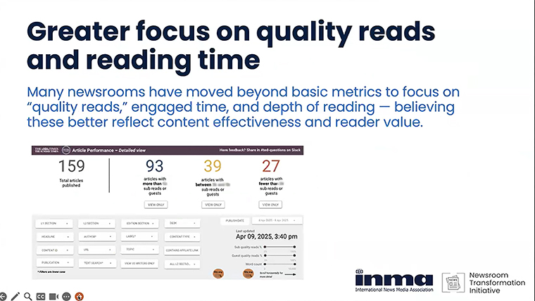 Publishers are moving toward more meaningful metrics, INMA Newsroom Transformation Initiative Lead Amalie Nash said.