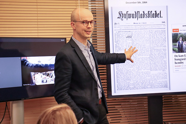 Chief Editor Kalle Silfverberg explains the history of Hufvudstadsbladet.