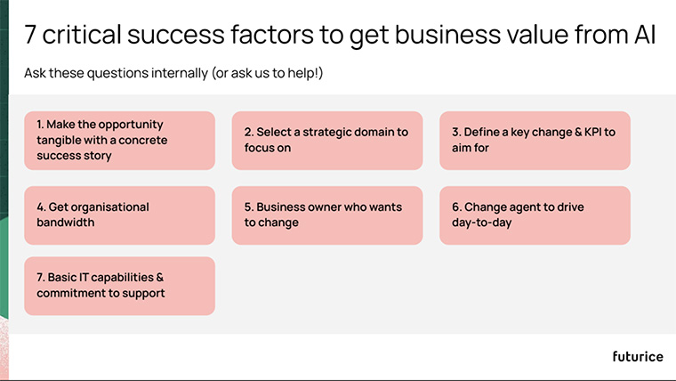 Syrjänen offered seven considerations for getting business value from AI.