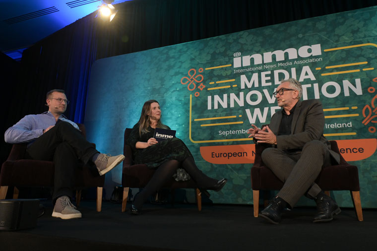 From left to right, INMA moderators INMA Dublin moderators Nick Petrie and Maria Sakki talk with Mediahuis Ireland CEO Peter Vandermeersch. 