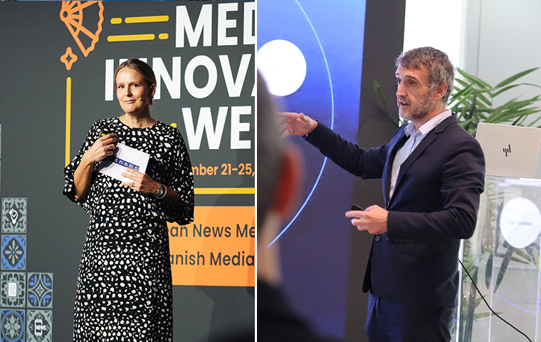 Heidi Iivonen, development manager at Sanoma Media Finland, and Vocento Editorial Managing Director Fernando Belzunce discuss supporting newsrooms with AI.
