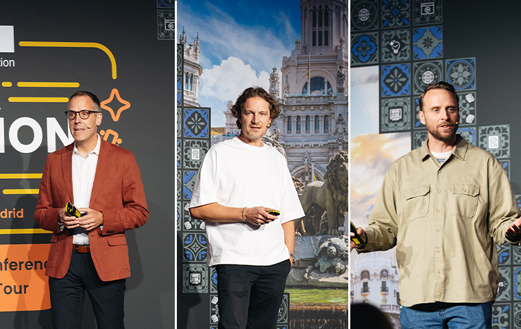 Marc Isler, managing director for premium digital at Tamedia; Christophe Israël, founder of OKLab; and Øystein Reistadbakk, editorial lead for subscription at VG, talk to INMA members in Madrid.