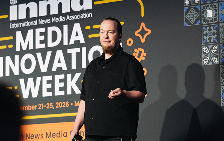 Olaf Seydel, head of engagement and growth at Die Zeit, on the stage in Madrid.