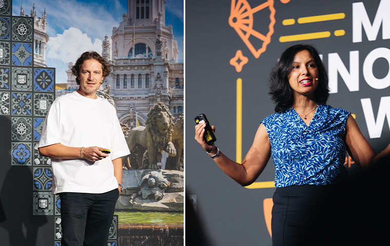 Christophe Israël, founder of OKLab, and INMA Newsroom Initiative Lead Sonali Verma speak in Madrid.