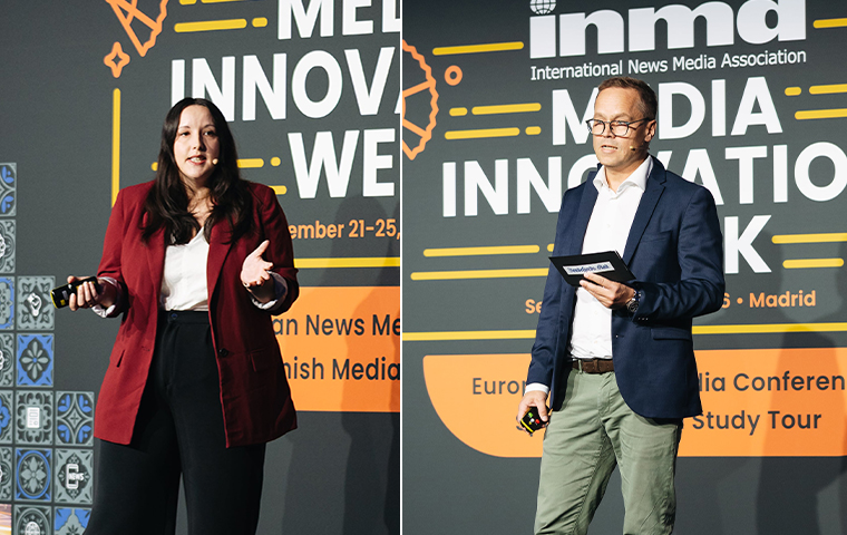 Laura Crimmons, head of growth management and audience development at Ringier, and Sandefjords Blad Editor-in-Chief Steinar Ulrichsen, talk to INMA attendees.