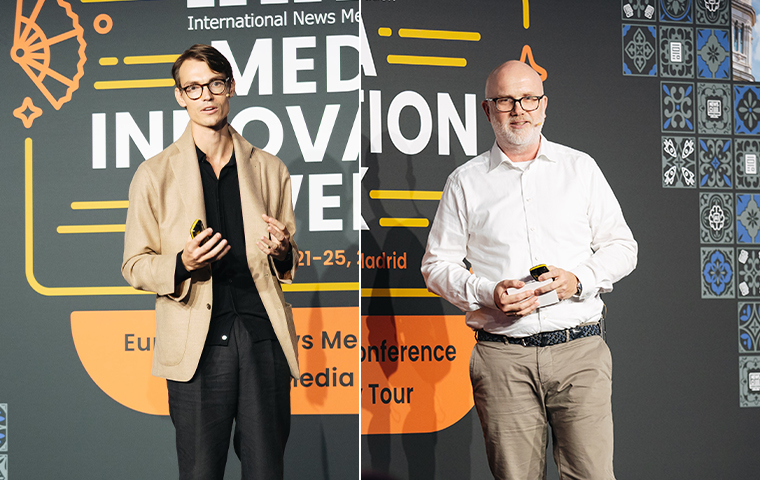Henrik Ekwall-Larson, subscription sales manager at NTM, and Tord Selmer-Nedrelid, head of audio and video at Amedia, share young audiences strategies in Madrid..