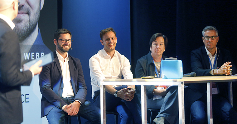 Panel on personalisation at INMA European News Media Conference: Jan-Eric Peters, deputy CEO/chief product officer and editor-in-chief of Axel Springer; Tamara De Bruecker, chief marketing officer of De Persgroep; Rouven Leuener, head of product development at NZZ; and James Webb, group product manager from Financial Times.
