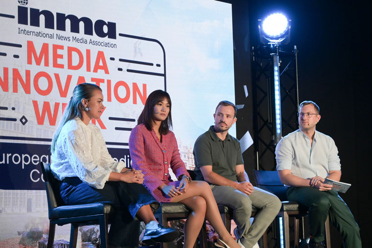 The panel included (from left to right): Mari-Marthe Aamold, CEO and CFO for Bergens Tidende and Stavanger Aftenblad; Julia Tran, COO of Medienhaus Aachen; and Jeroen Van Raemdonck, product manager at Roularta.