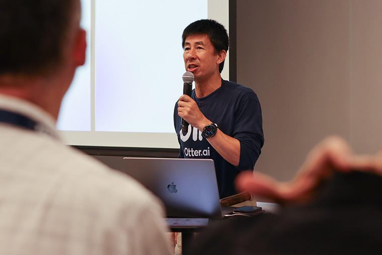 Otter Founder and CEO Sam Liang speaks to attendees of INMA's sold out Media Tech & AI study tour on Monday.