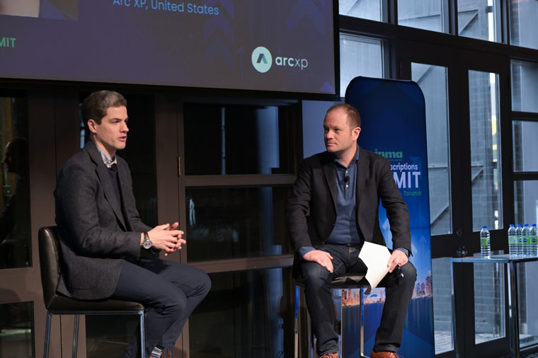 Adley Bowden, head of individual investors at Morningstar, and Matt Monahan, president of Arc XP, speak in Toronto.