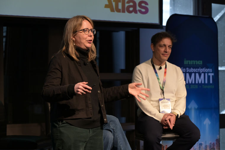 Tina Nikou, vice president of operations/infrastructure at Darwin CX, and Kassian Goukassian, CEO at Falkemedia, speak in Toronto.