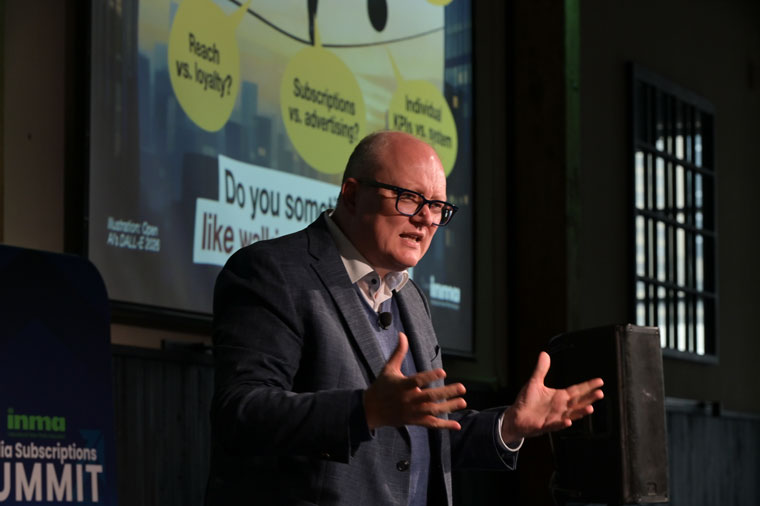 Greg Piechota, INMA researcher-in-residence and lead of the Readers First Initiative, presents during the first day of the INMA Media Subscriptions Summit in Toronto.