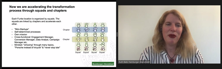 Ruth Betz, director of digital transformation at Funke Mediengruppe, explained how its employees are organised by squads.