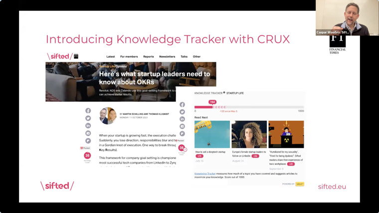 Caspar Woolley, founder and CEO at Sifted, described how the CRUX Knowledge Tracker used machine learning to recommend content to readers.