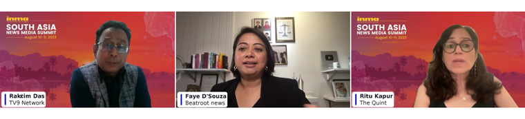 Faye D’Souza, founder and editor of Beatroot News (middle), talks with Raktim Das, chief growth officer/broadcast and digital of TV9 Network (left) and Rita Kapur, CEO and co-founder of multimedia digital news platform The Quint (right).
