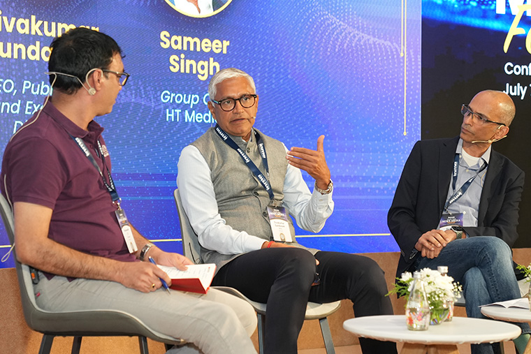 From left to right: Moderator LV Navaneeth, CEO of The Hindu Group; Sivakumar Sundaram, CEO/publishing, executive director of BCCL; Sameer Singh, group CEO of HT Media.