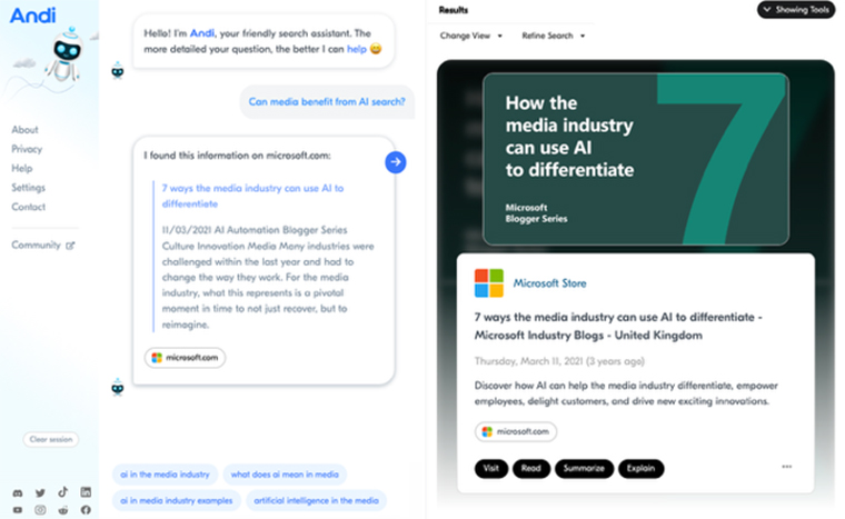 Search via Andi uses AI and is neutral and doesn't rank sources.