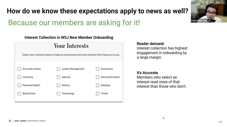Customers are willing to share information about themselves if it will lead to a more personalised experience, Dan Kent, director of product, personalisation at Dow Jones, said.